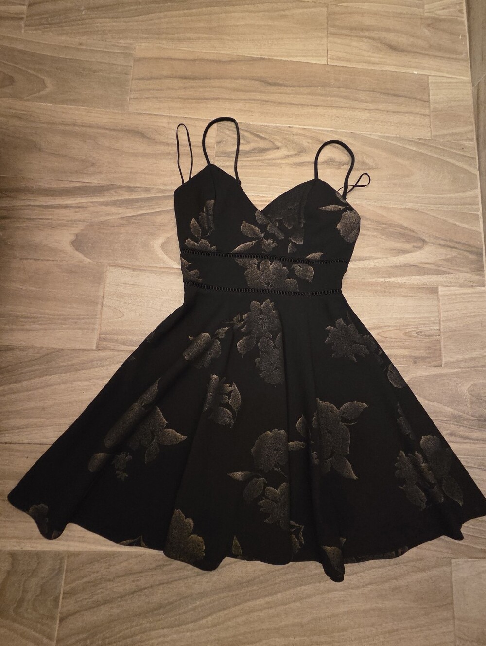 Francesca's Collections Black Mini Dress with Metallic Floral